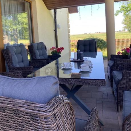 Brązowy stół obiadowy z nogą X 220cm i 8 foteli Laritto - Dark Brown