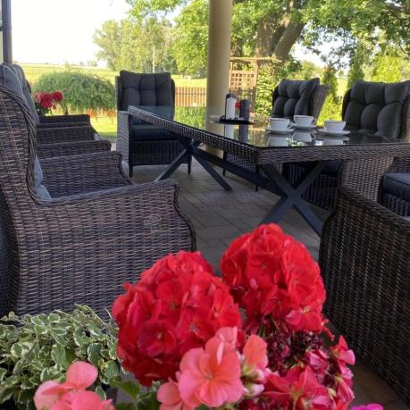 Brązowy stół obiadowy z nogą X 220cm i 8 foteli Laritto - Dark Brown