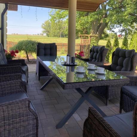 Brązowy stół obiadowy z nogą X 220cm i 8 foteli Laritto - Dark Brown