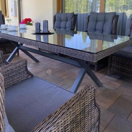 Brązowy stół obiadowy z nogą X 220cm i 8 foteli Laritto - Dark Brown