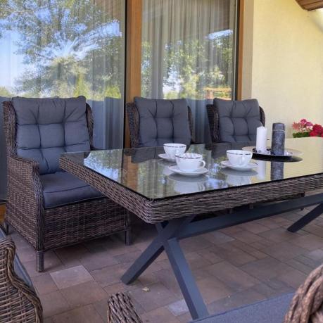 Brązowy stół obiadowy z nogą X 220cm i 8 foteli Laritto - Dark Brown