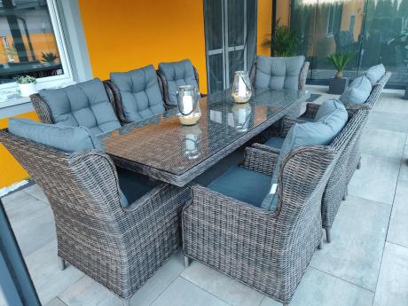 Brązowy stół obiadowy z nogą X 220cm i 8 foteli Laritto - Dark Brown