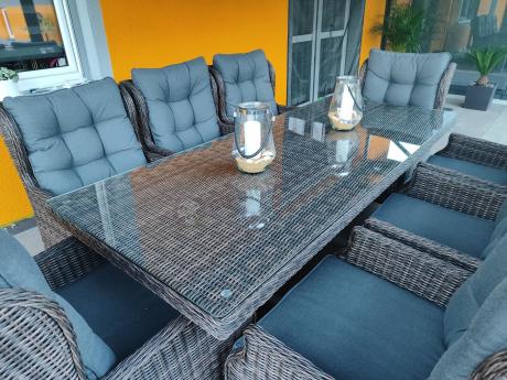 Brązowy stół obiadowy z nogą X 220cm i 8 foteli Laritto - Dark Brown