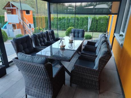 Brązowy stół obiadowy z nogą X 220cm i 8 foteli Laritto - Dark Brown