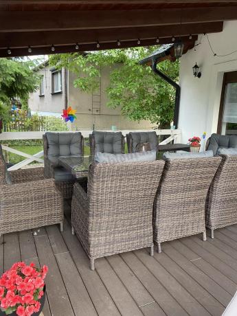 Brązowy stół obiadowy z nogą X 220cm i 8 foteli Laritto - Dark Brown