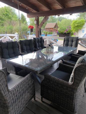 Brązowy stół obiadowy z nogą X 220cm i 8 foteli Laritto - Dark Brown