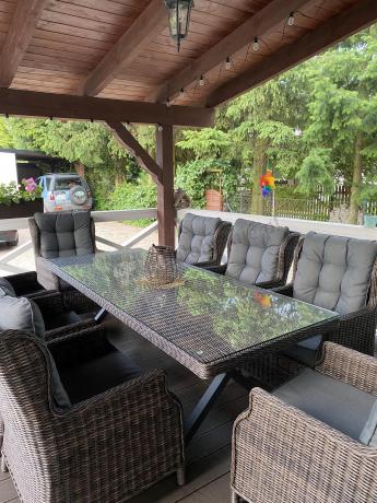 Brązowy stół obiadowy z nogą X 220cm i 8 foteli Laritto - Dark Brown