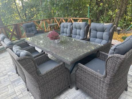 Brązowy stół obiadowy z nogą X 220cm i 8 foteli Laritto - Dark Brown