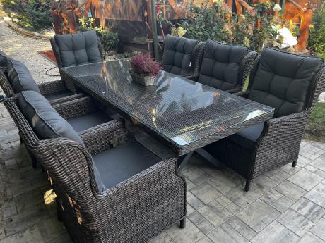 Brązowy stół obiadowy z nogą X 220cm i 8 foteli Laritto - Dark Brown