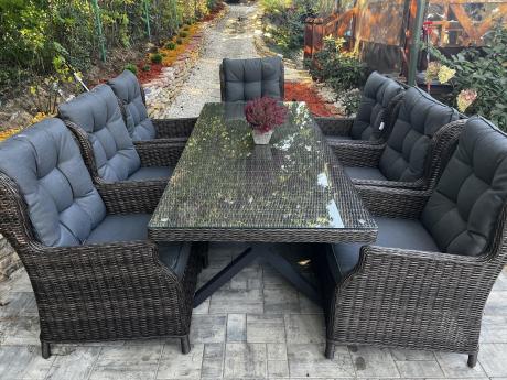 Brązowy stół obiadowy z nogą X 220cm i 8 foteli Laritto - Dark Brown