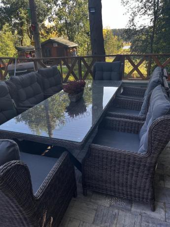 Brązowy stół obiadowy z nogą X 220cm i 8 foteli Laritto - Dark Brown