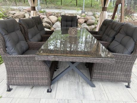 Brązowy stół obiadowy z nogą X 220cm i 8 foteli Laritto - Dark Brown