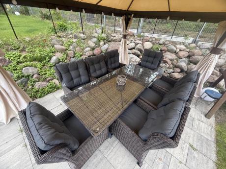 Brązowy stół obiadowy z nogą X 220cm i 8 foteli Laritto - Dark Brown