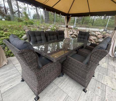 Brązowy stół obiadowy z nogą X 220cm i 8 foteli Laritto - Dark Brown