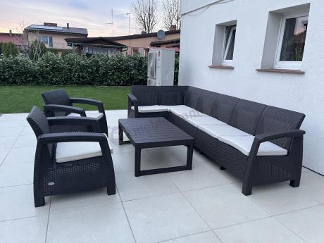 Brązowy zestaw dla 8 osób z narożnikiem, stołem podnoszonym i dwoma fotelami Relly VI