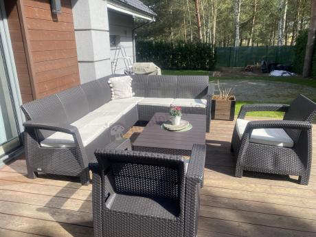 Brązowy zestaw dla 8 osób z narożnikiem, stołem podnoszonym i dwoma fotelami Relly VI