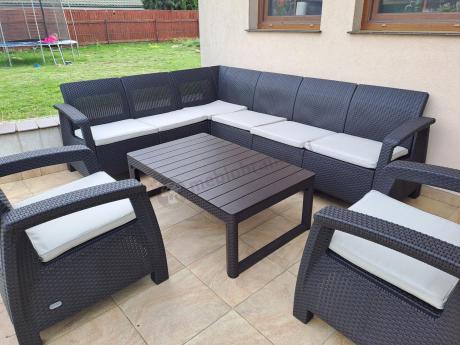 Brązowy zestaw dla 8 osób z narożnikiem, stołem podnoszonym i dwoma fotelami Relly VI