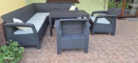 Brązowy zestaw dla 8 osób z narożnikiem, stołem podnoszonym i dwoma fotelami Relly VI