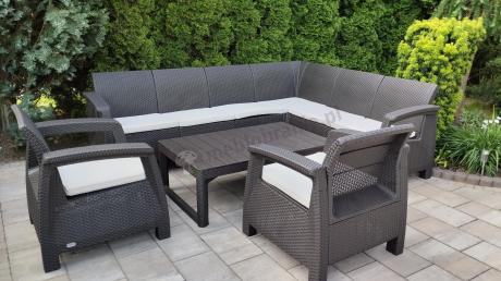 Brązowy zestaw dla 8 osób z narożnikiem, stołem podnoszonym i dwoma fotelami Relly VI