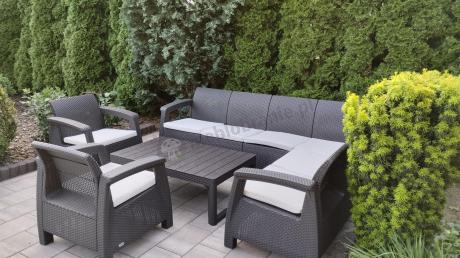 Brązowy zestaw dla 8 osób z narożnikiem, stołem podnoszonym i dwoma fotelami Relly VI