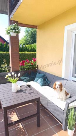 Brązowy zestaw dla 8 osób z narożnikiem, stołem podnoszonym i dwoma fotelami Relly VI