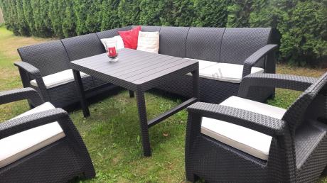 Brązowy zestaw dla 8 osób z narożnikiem, stołem podnoszonym i dwoma fotelami Relly VI