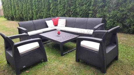 Brązowy zestaw dla 8 osób z narożnikiem, stołem podnoszonym i dwoma fotelami Relly VI