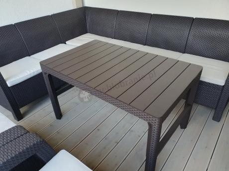 Brązowy zestaw dla 8 osób z narożnikiem, stołem podnoszonym i dwoma fotelami Relly VI