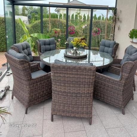 Brązowy zestaw mebli obiadowych na taras Laritto 8+1 okrągły stół - technorattan