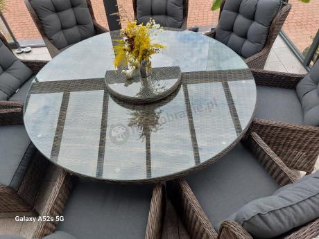 Brązowy zestaw mebli obiadowych na taras Laritto 8+1 okrągły stół - technorattan