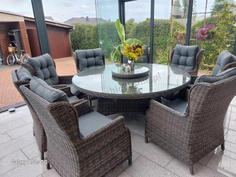 Brązowy zestaw mebli obiadowych na taras Laritto 8+1 okrągły stół - technorattan