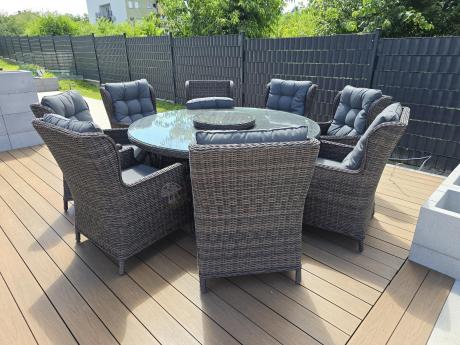 Brązowy zestaw mebli obiadowych na taras Laritto 8+1 okrągły stół - technorattan