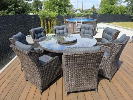 Brązowy zestaw mebli obiadowych na taras Laritto 8+1 okrągły stół - technorattan