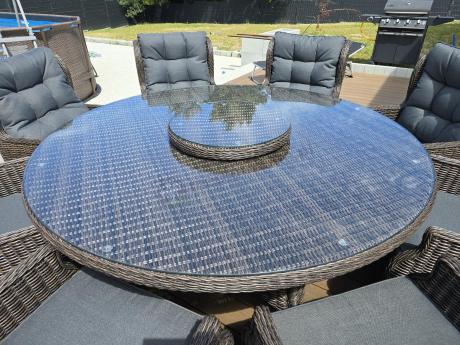 Brązowy zestaw mebli obiadowych na taras Laritto 8+1 okrągły stół - technorattan