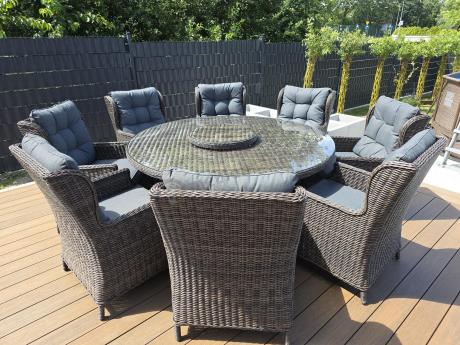 Brązowy zestaw mebli obiadowych na taras Laritto 8+1 okrągły stół - technorattan