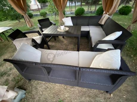 Brązowy zestaw ogrodowy dla 10 osób z narożnikiem, stołem podnoszonym i trzema fotelami Relly VII