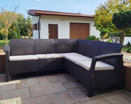 Brązowy zestaw ogrodowy dla 10 osób z narożnikiem, stołem podnoszonym i trzema fotelami Relly VII