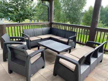 Brązowy zestaw ogrodowy dla 10 osób z narożnikiem, stołem podnoszonym i trzema fotelami Relly VII