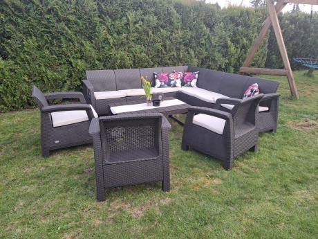 Brązowy zestaw ogrodowy dla 10 osób z narożnikiem, stołem podnoszonym i trzema fotelami Relly VII