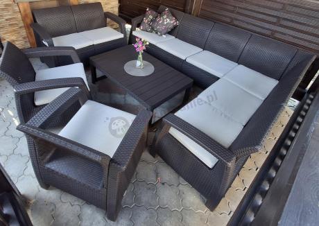 Brązowy zestaw ogrodowy dla 10 osób z narożnikiem, stołem podnoszonym i trzema fotelami Relly VII