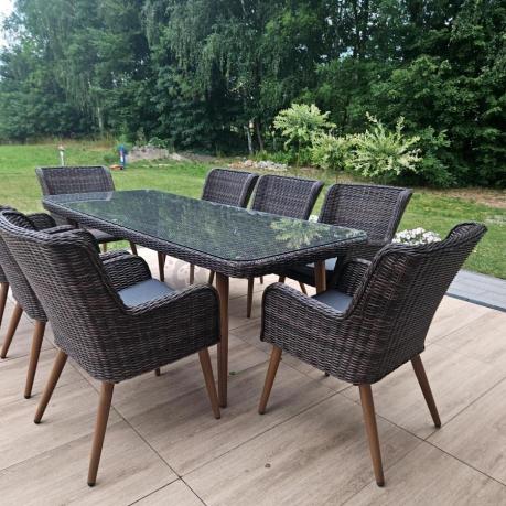Brązowy zestaw ogrodowy ze stołem obiadowym 220cm i 8 fotelami technorattanowymi Tonitto Dining 8+1