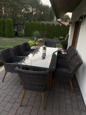 Brązowy zestaw ogrodowy ze stołem obiadowym 220cm i 8 fotelami technorattanowymi Tonitto Dining 8+1