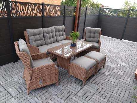 Brązowy zestaw technorattanowy tarasowy Laritto Dining + pufy - Brown