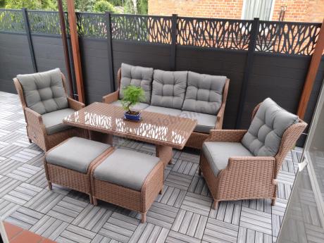 Brązowy zestaw technorattanowy tarasowy Laritto Dining + pufy - Brown