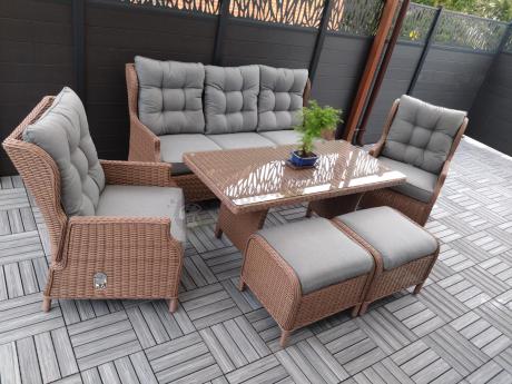 Brązowy zestaw technorattanowy tarasowy Laritto Dining + pufy - Brown