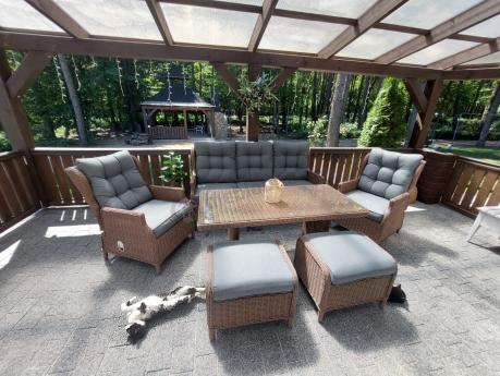 Brązowy zestaw technorattanowy tarasowy Laritto Dining + pufy - Brown