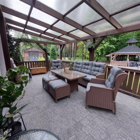 Brązowy zestaw technorattanowy tarasowy Laritto Dining + pufy - Brown