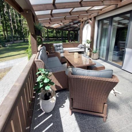 Brązowy zestaw technorattanowy tarasowy Laritto Dining + pufy - Brown