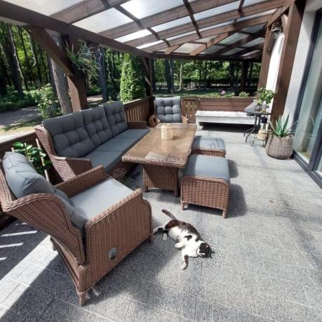 Brązowy zestaw technorattanowy tarasowy Laritto Dining + pufy - Brown