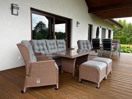 Brązowy zestaw technorattanowy tarasowy Laritto Dining + pufy - Brown